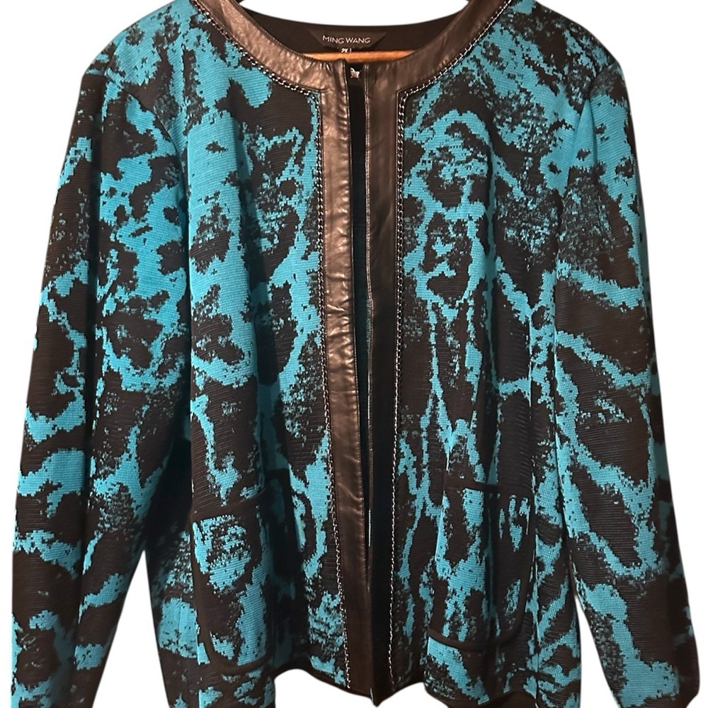 Ming Wang Black and Turquoise Patterned Open-Front Jacket